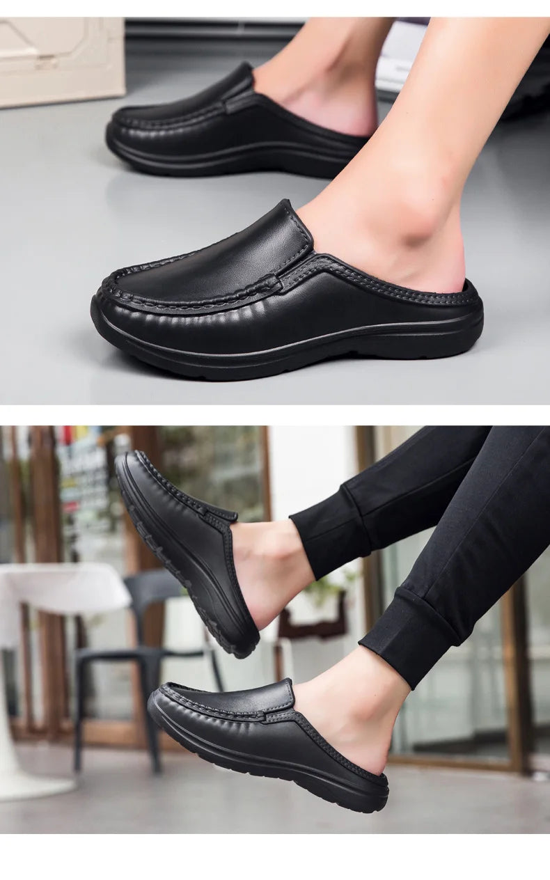 Chef shoes summer plus size baotou half slippers non slip oil resistant business casual men's chef shoes breathable leather shoe