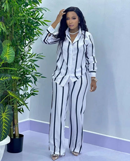 African Fashion Women Two Piece Set Stripe Printed Autumn Casual Button Long Sleeved Shirt Wide Leg Pants Two Piece Set Women