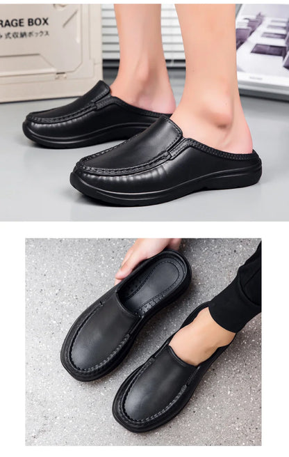 Chef shoes summer plus size baotou half slippers non slip oil resistant business casual men's chef shoes breathable leather shoe