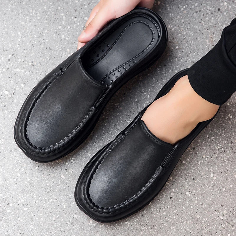 Chef shoes summer plus size baotou half slippers non slip oil resistant business casual men's chef shoes breathable leather shoe