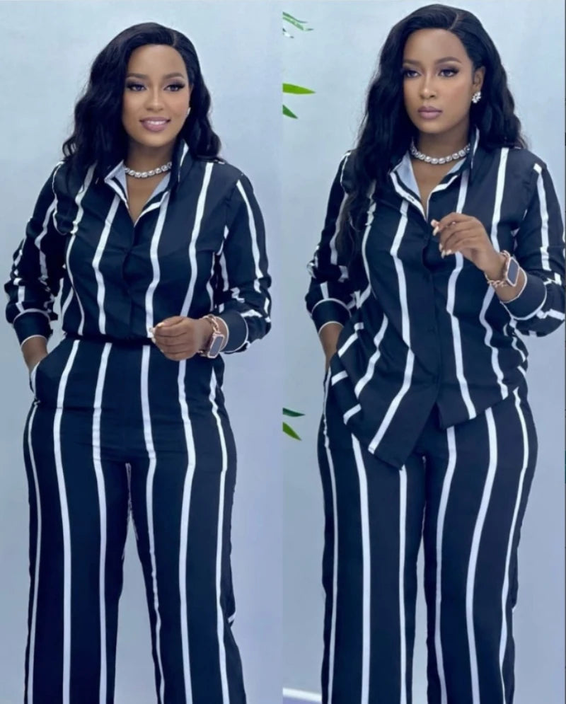 African Fashion Women Two Piece Set Stripe Printed Autumn Casual Button Long Sleeved Shirt Wide Leg Pants Two Piece Set Women