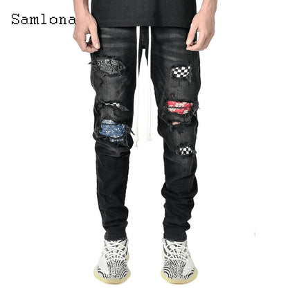 Samlona Jeans Mens Fashion Skinny Denim Pant Male Streetw New Patchwork Demin Pants Sexy Jeans Blue Grey Pencil Trouser