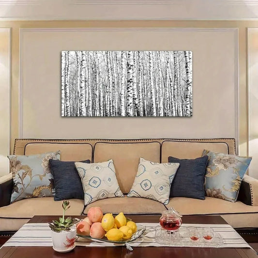 Framed large birch canvas wall art - modern black and white woodland scene, living room and home office fall style decor