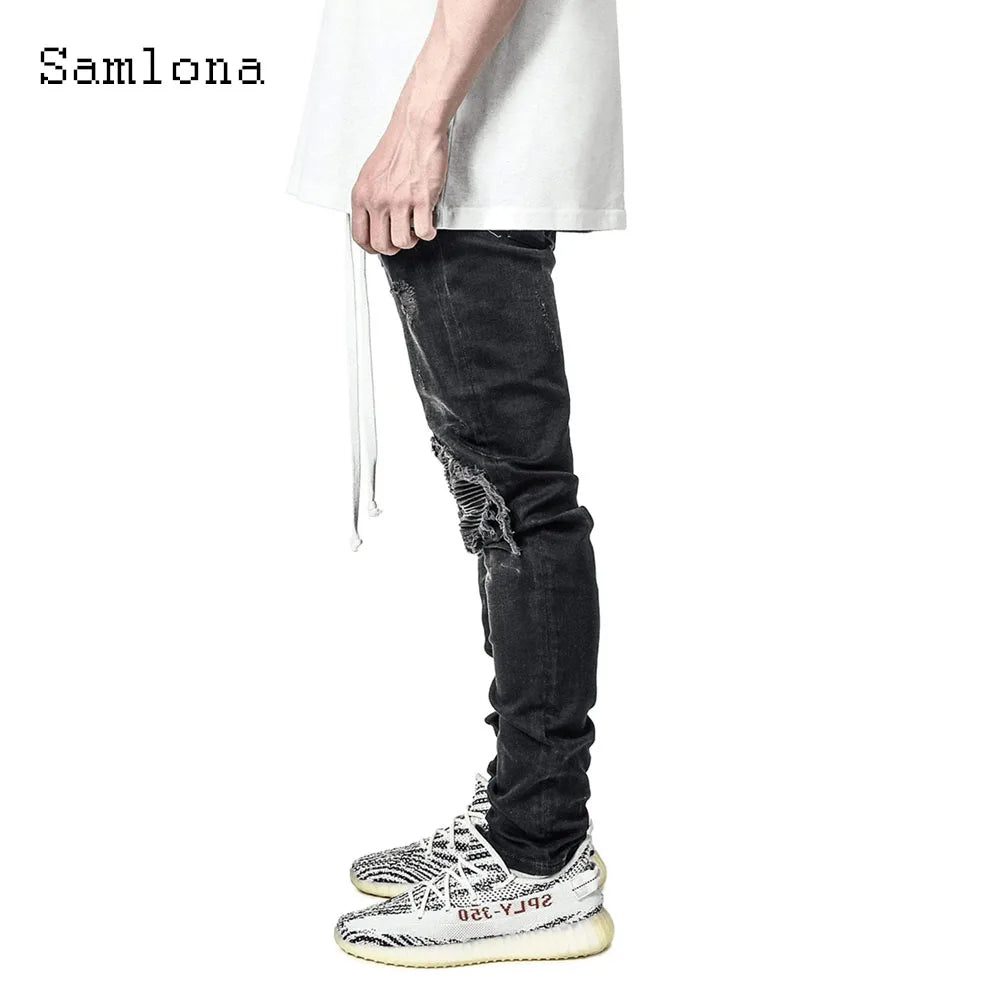 Samlona Jeans Mens Fashion Skinny Denim Pant Male Streetw New Patchwork Demin Pants Sexy Jeans Blue Grey Pencil Trouser