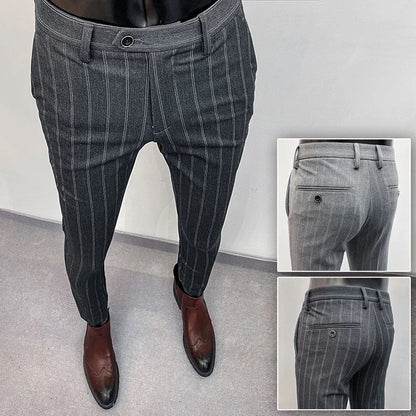 Men Stripes Suit Pants Spring New High-quality Slim Dress Fashion Casual Trousers Mens Clothing Formal Full Length Pants