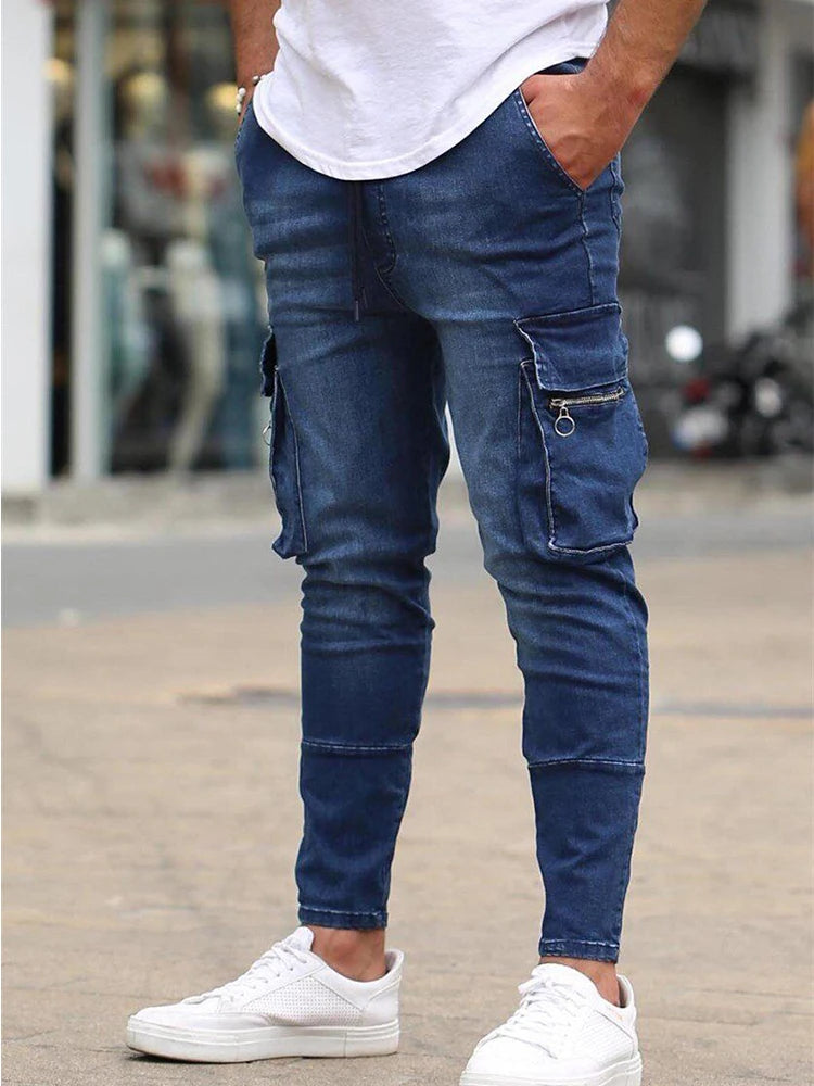 Stretch Jeans for Men Black Big Side Pockets Cargo Male Jeans Fashion Zipper Small Foot Denim Pants Elastic Jogging Trousers