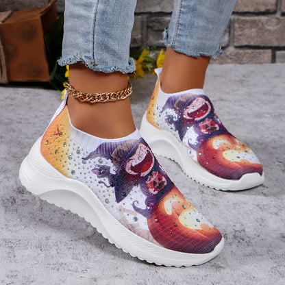 Lucyever Halloween Style Printed Sneakers Women Fashion Breathable Knitted Crystal Flats Woman Plus Size Platform Loafers Shoes