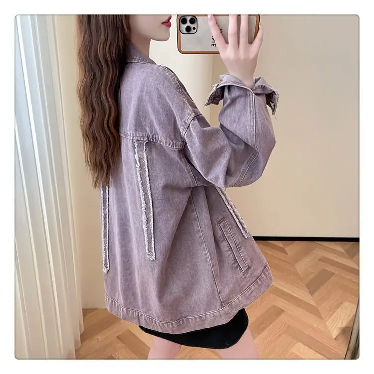 Casual Purple Denim Jacket for Women Loose Long-sleeved Autumn Outerwear Korean Style