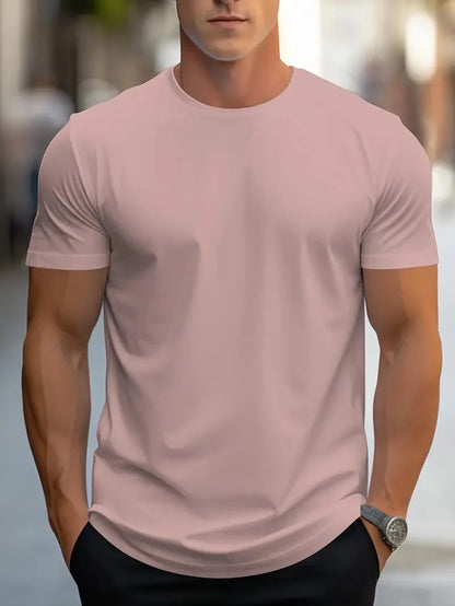 Men's Fashion Round Neck Printed T-Shirt Short Sleeve Solid Color Streetwear Loose Fit Summer Top