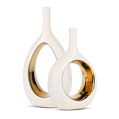 ABVA-White And Gold Vase Ceramic White Vases Home Decor,Modern Minimalist Circle With Hole Decorative Vase