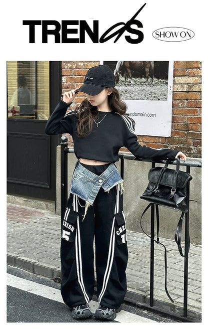 2025 spring teen girl American spliced denim drawstring work pants junior kid casual floor sports Wide leg trousers short hoodie