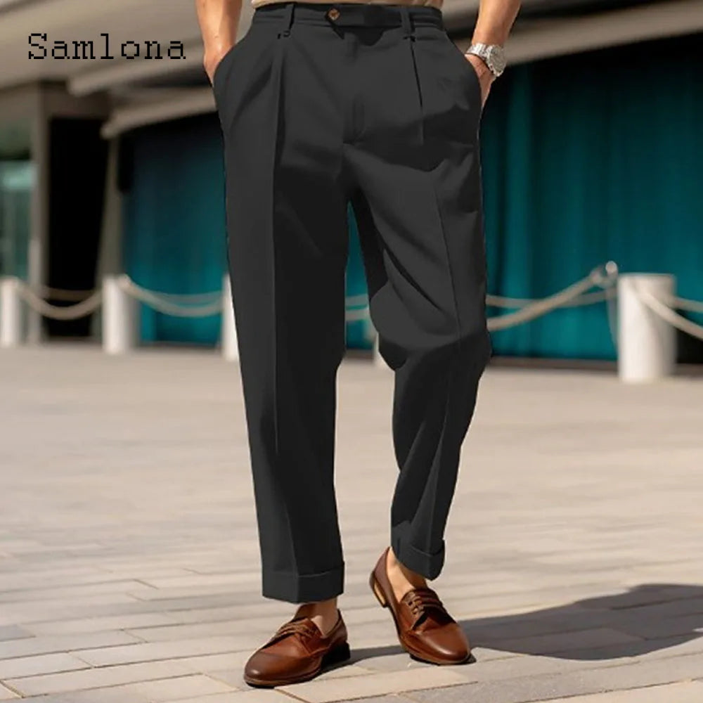 Men's Stand Pocket Formal Wide Leg Pants Men Elegant Party Wedding Trouser Plus Size Mens Fashion Triple Buttons Suit Pants