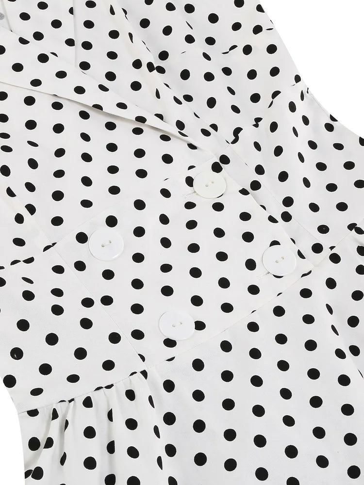 Tonval Notched Collar Double Breasted White Cotton Dresses Women Sleeveless Polka Dot Vintage Rockabilly Midi Dress