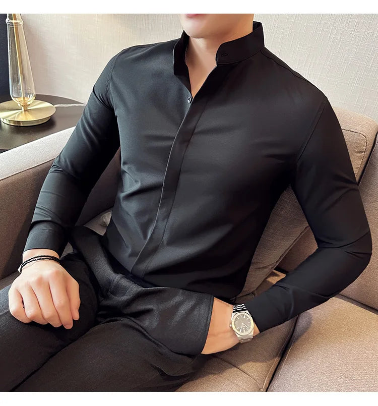 2024 New Stand Collar Luxury Shirts For Men High Quality Hide Buttons Design Solid Slim Fit Business Party Wedding Dress Shirts