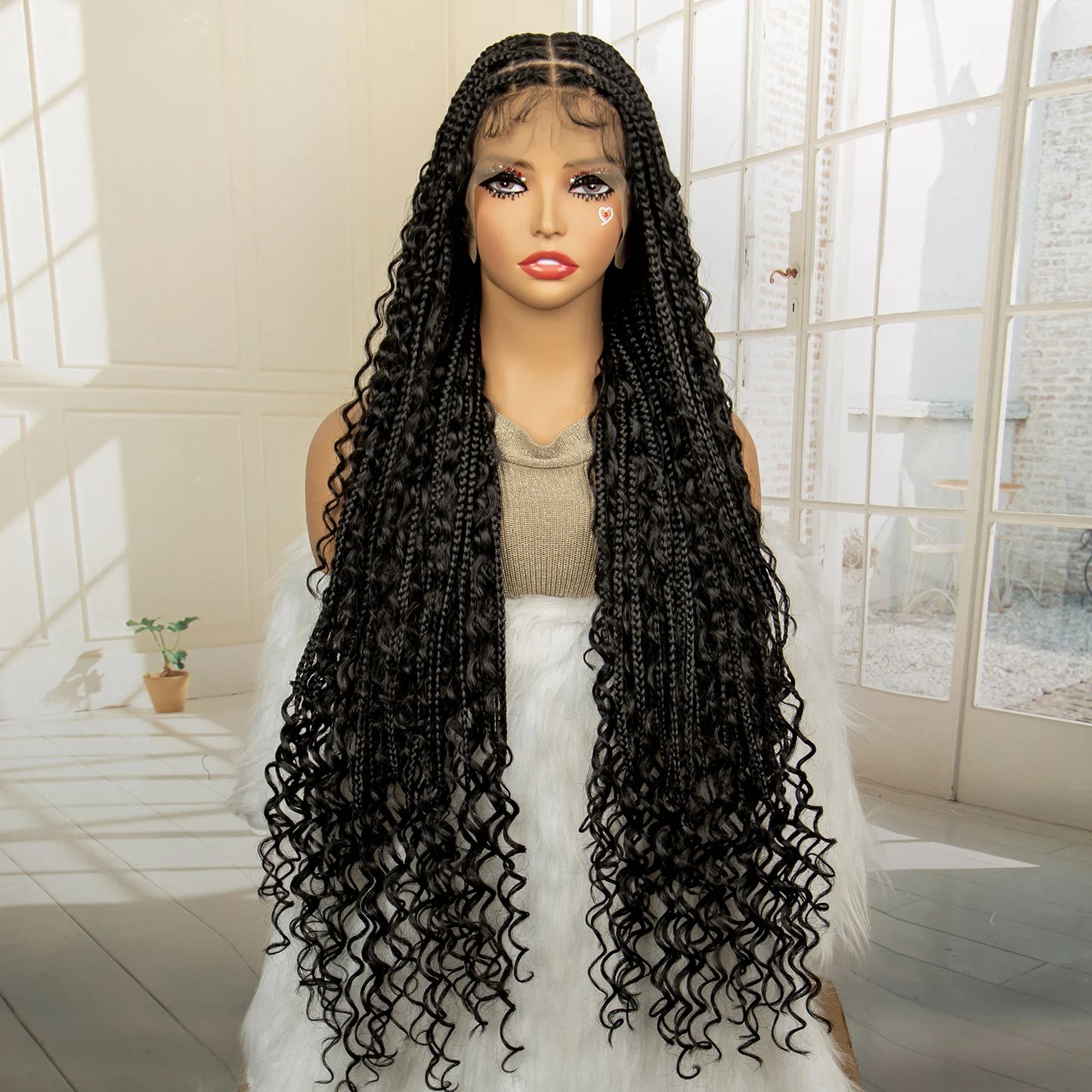 36 Inches Long Boho Braided Wigs with Baby Hair Synthetic Full Lace Knotless Box Braiding Wig with Curly Lace Frontal Wig