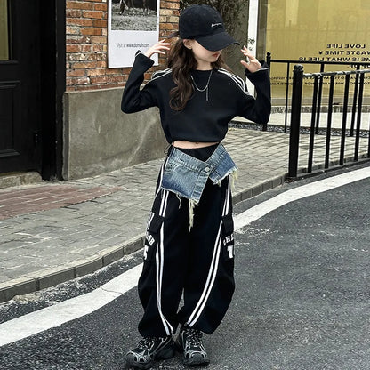 2025 spring teen girl American spliced denim drawstring work pants junior kid casual floor sports Wide leg trousers short hoodie