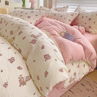 Washed Cotton Bedding Comforter Set Pillowcase bed sheet Single Full Size Bed Linen Duvet Cover Set Queen/King Double Size