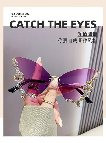 Luxury Butterfly Diamond Sunglasses Ladies Large Rimless Glasses Fashion Personalised Stage Performance Glasses Party Essentials