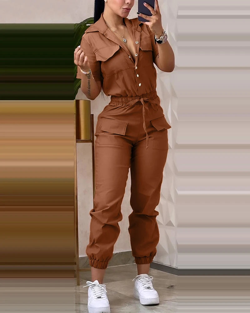 Jumpsuit Women 2024 Summer Solid Color Button Pocket Design Lapel Short Sleeved Casual Elastic Waist Cuffed Cargo Jumpsuit