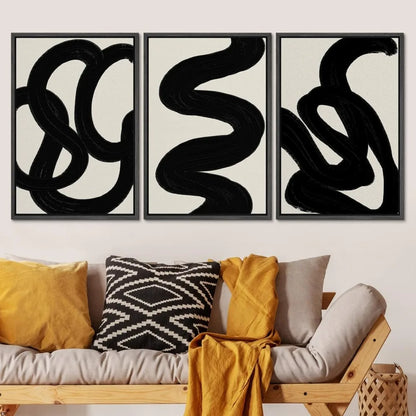 Framed Canvas Print Wall Art Set Duotone Minimal Dark Brush Stroke Landscape Abstract Shapes Illustrations Modern Art Boho