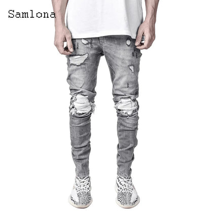 Samlona Jeans Mens Fashion Skinny Denim Pant Male Streetw New Patchwork Demin Pants Sexy Jeans Blue Grey Pencil Trouser