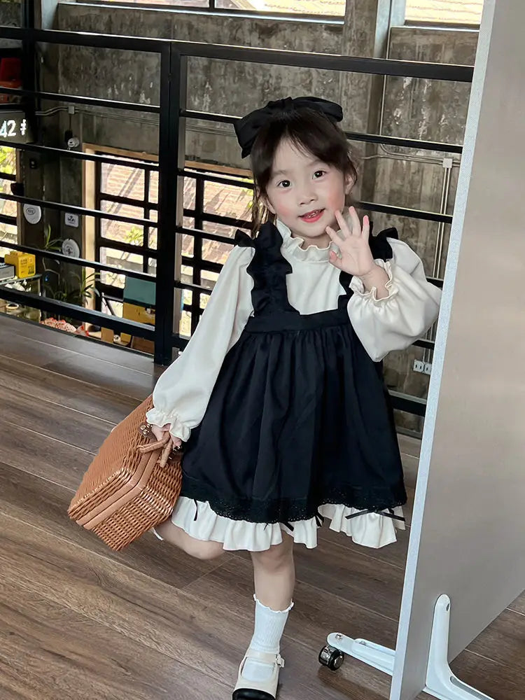 Spring Kids Girl Nolita Set 2023 New Children’s Clothing Long-sleeved Shirt + Overalls Dress 2PCS Suit Baby Girl Clothes Set