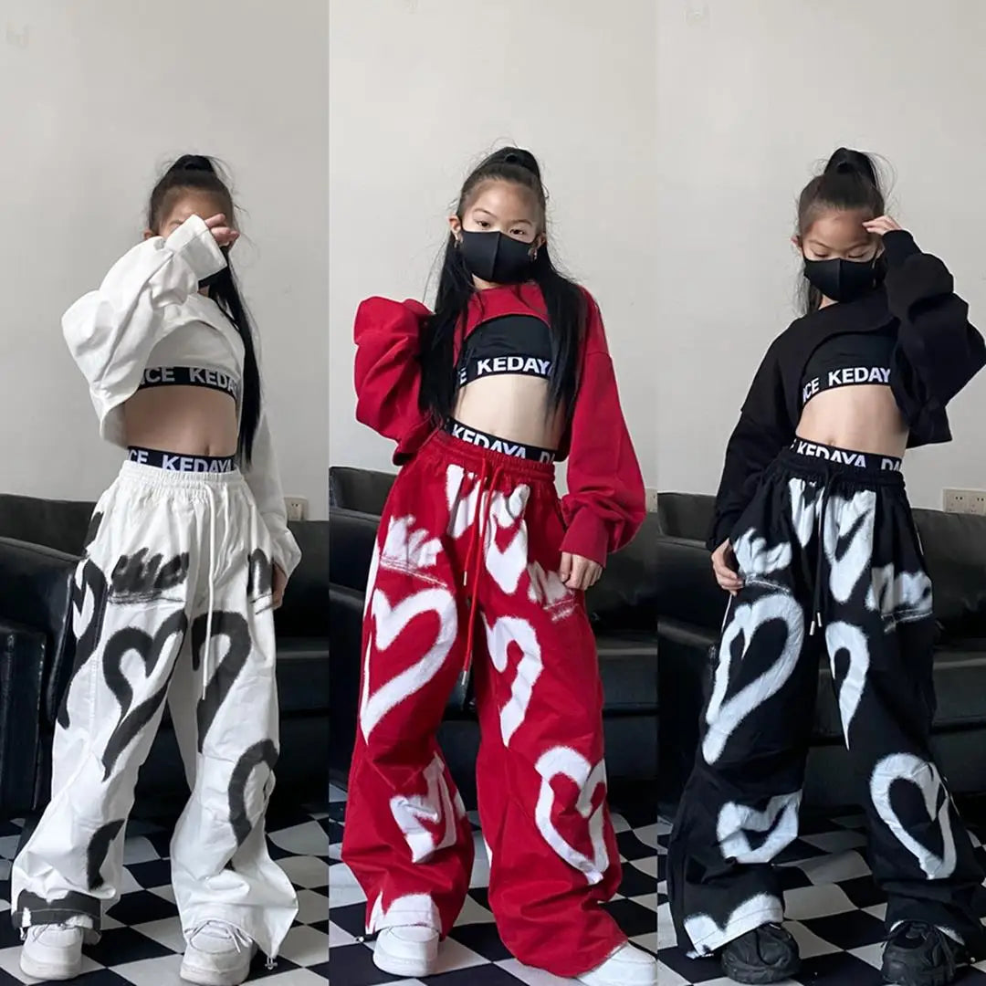 1pc hip hop 2025 summer teens tracksuit Girls cloth heart letters graffiti t-shirt or print long wide leg pant Kid 8 10 12 year