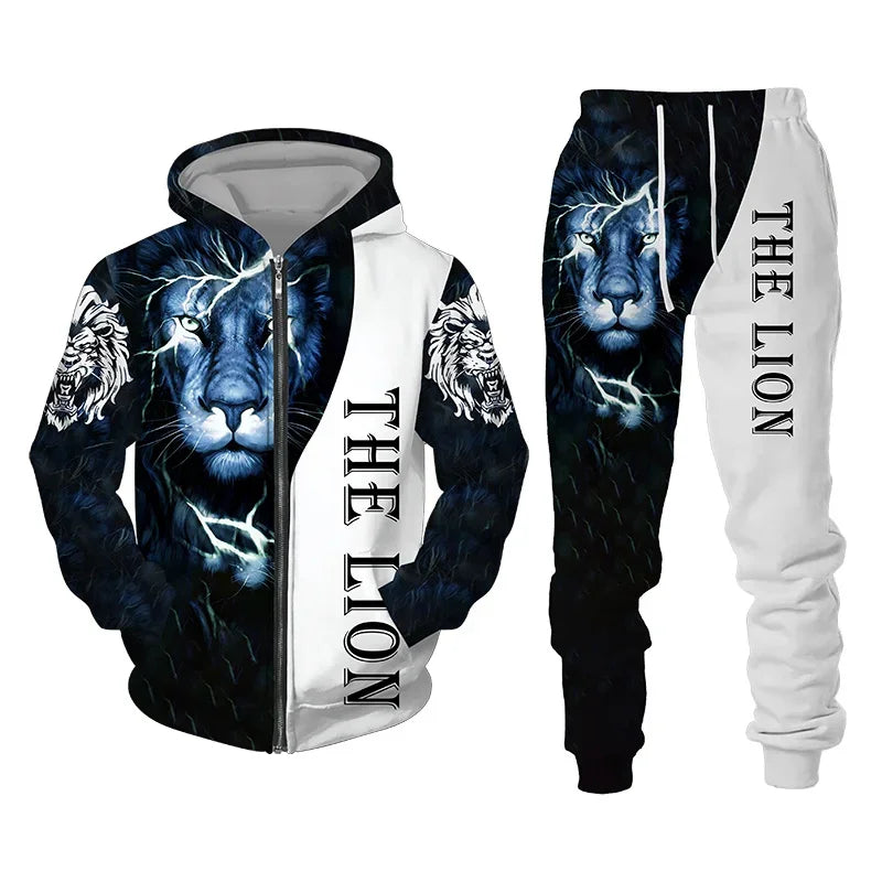 Men Zipper Hoodie Suit Autumn Winter Tracksuit Animal Lion 3D Print Sweatshirts Pants Sets Casual Oversize Clothing High-quality