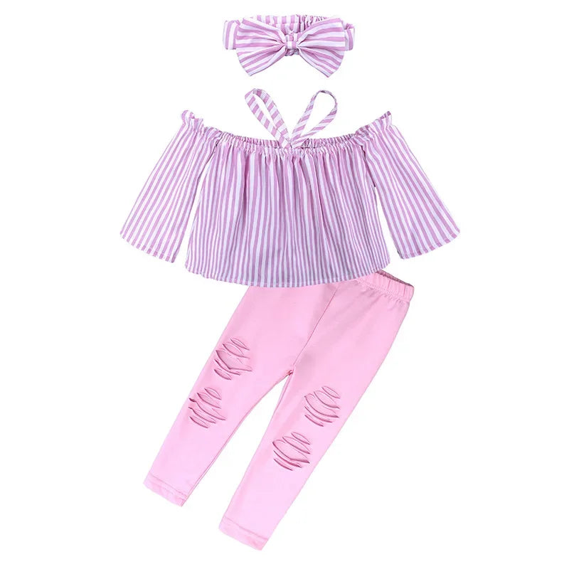 3Pcs/set Children Summer Clothing Outfit Off Shoulder Stripe Tops Ripped Pants Headbands Set Clothes for Kids Fashion Clothing