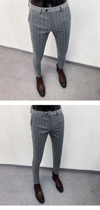 Men Stripes Suit Pants Spring New High-quality Slim Dress Fashion Casual Trousers Mens Clothing Formal Full Length Pants