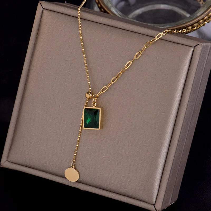 Korean Fashion Emerald Stainless Steel Gold Color Necklace for Woman Jewelry Girl's Sexy Clavicle Chain Collares Para Mujer