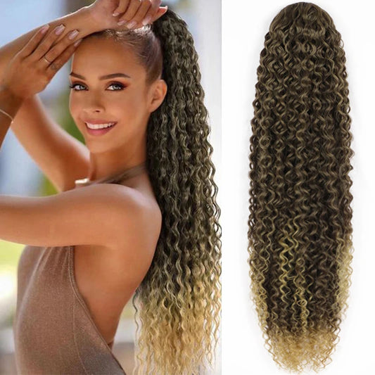 Long Deep Curly Drawstring Ponytail for Women Synthetic Ombre Curly Wave Ponytail Extensions Kinky Curly Hairpiece Horse Tail