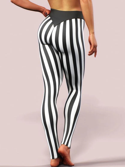 Fitness Jeggings Workout Pencil Pants Sexy Leggings Women Fashion High Waist Black White Striped Printed Leggins Elastic Gym