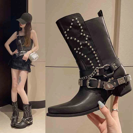 Goth Woman Shoes Cowboy Boots Botins Low Black New Rock Pole Dance Rivet Chunky Heels Western Pointed Toe Metal Chains Trending