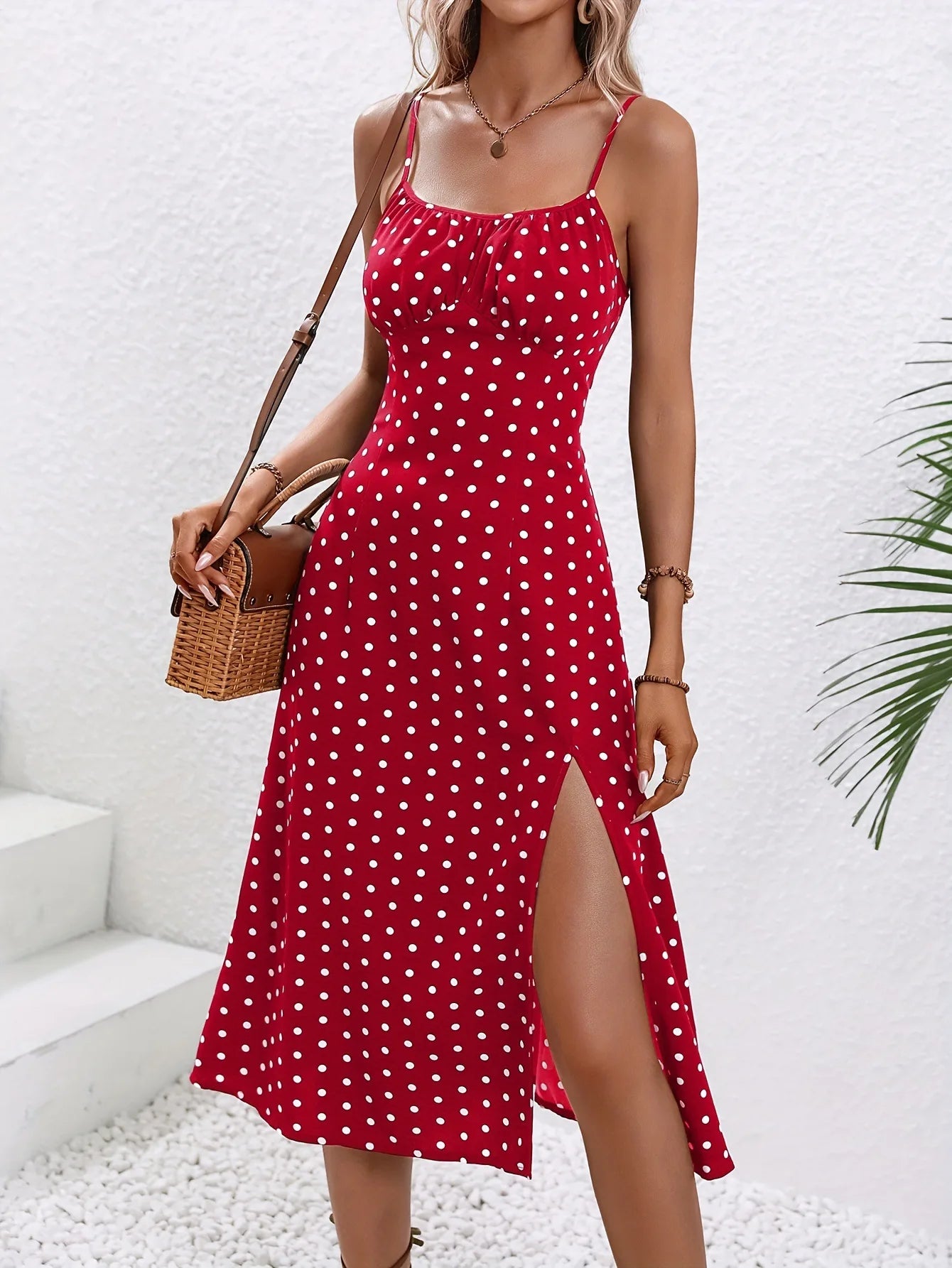 Summer Sexy Spaghetti Straps Dress Women Fashion Polka Dot Print Sleeveless Slit Dress Boho Casual Beach Midi Dresses