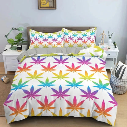 Psychedelic Weed Leaves Bedding set,Marijuana Leaf Duvet Cover,Vibrant Green Colorful Printed Bed Sheet Set