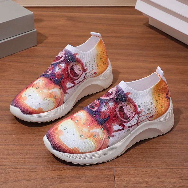 Lucyever Halloween Style Printed Sneakers Women Fashion Breathable Knitted Crystal Flats Woman Plus Size Platform Loafers Shoes