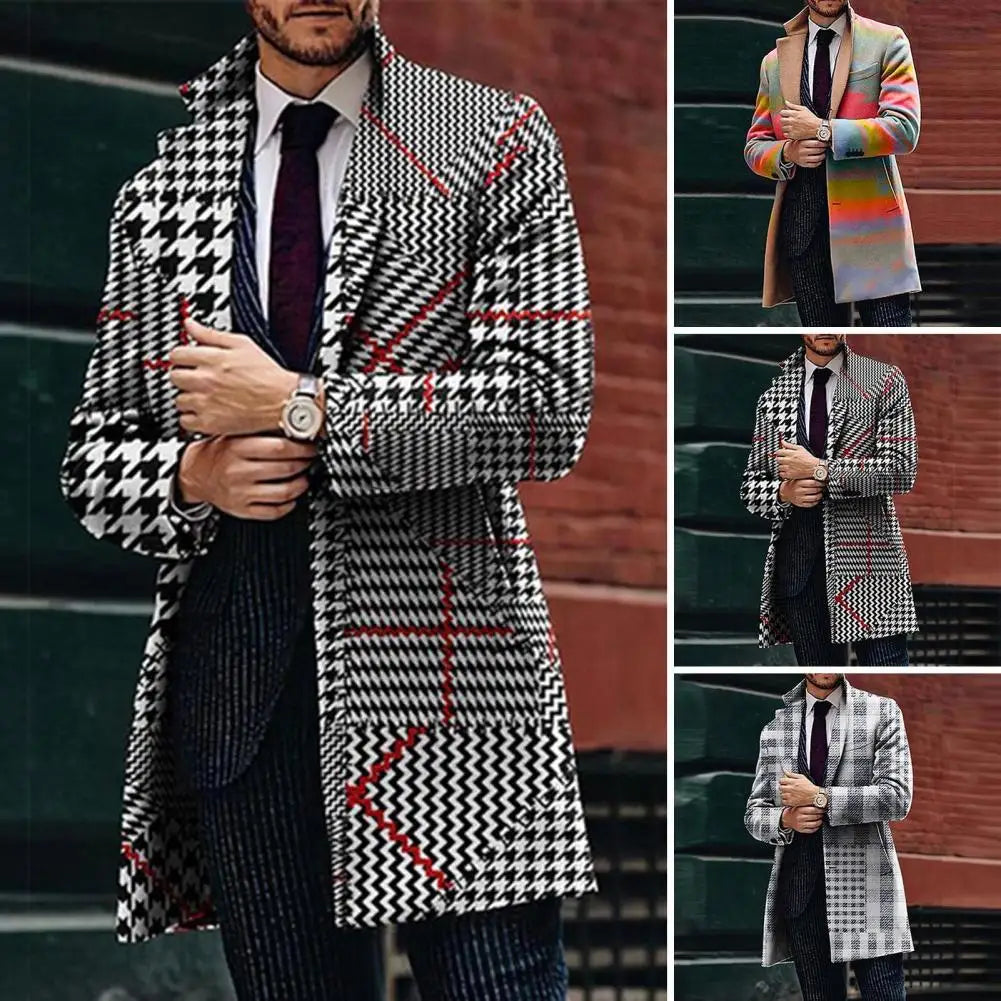 Formal Men Coat Men Geometric Pattern Coat Plaid Print Lapel Trench Coat for Men Stylish Business Style Jacket with for Fall