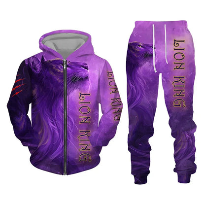 Men Zipper Hoodie Suit Autumn Winter Tracksuit Animal Lion 3D Print Sweatshirts Pants Sets Casual Oversize Clothing High-quality