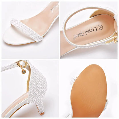 Summer High-heeled Women's Sandals String Bead PU 5CM Thin Heels Buckle Strap Wedding Dress Women's Shoes Golden Middle Heels