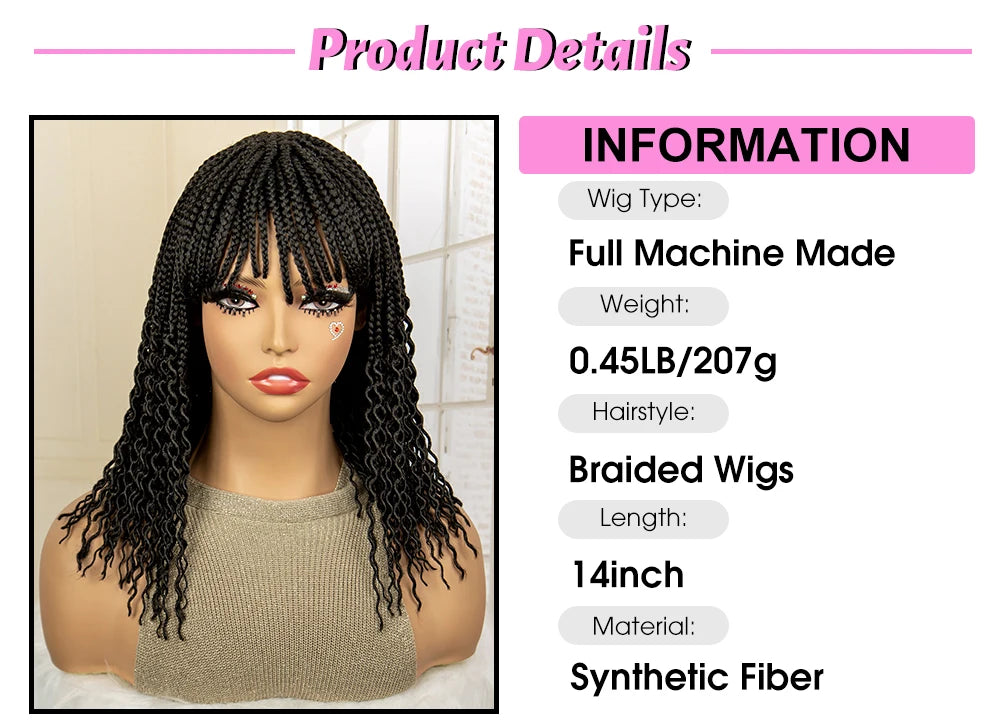 Full Machine Made Wigs Synthetic Braided Wig 14 Inches Bob Braiding Wigs Short Curly Knotless Box Braids Wigs for Black Women