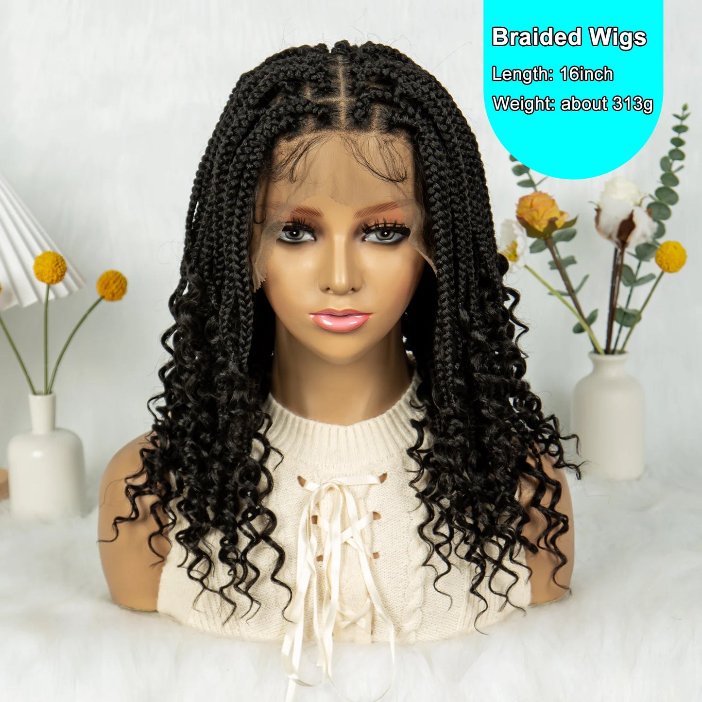 Kima Short Synthetic Box Braided Wigs Full Lace Wig Top Cornrow Braided with Curly End for Black Women