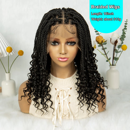 Kima Short Synthetic Box Braided Wigs Full Lace Wig Top Cornrow Braided with Curly End for Black Women