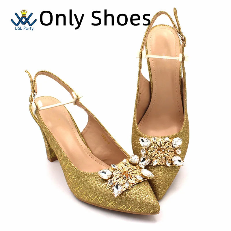 Champagne Color High Quality Women Pointed Toe Shoes Matching Bag Set for Nigerian Ladies Wedding Party