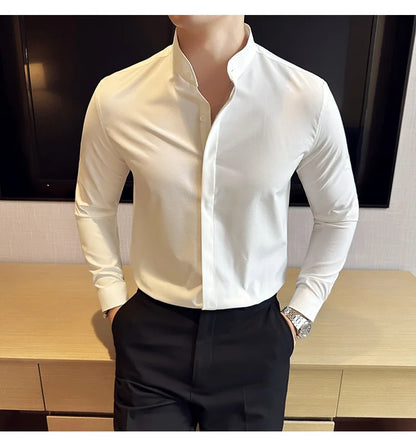 2024 New Stand Collar Luxury Shirts For Men High Quality Hide Buttons Design Solid Slim Fit Business Party Wedding Dress Shirts