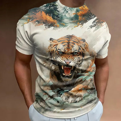 Fashionable 3D Fierce Tiger Print Men's T-Shirt Retro Loose Oversized Short Sleeve Eye Catching Man Clothing 2024 Tees