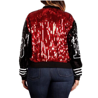 Sequin Long O Neck  Red Black 13 number  Sorority Sequin Jackets  Bling club Outerwear & Coats