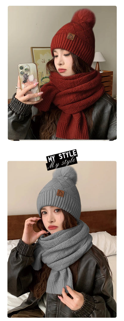 Women's Winter Double Layer Plus Fluff Ball Knit Hat Outdoor Warm Beanie Hat Two-Piece Set