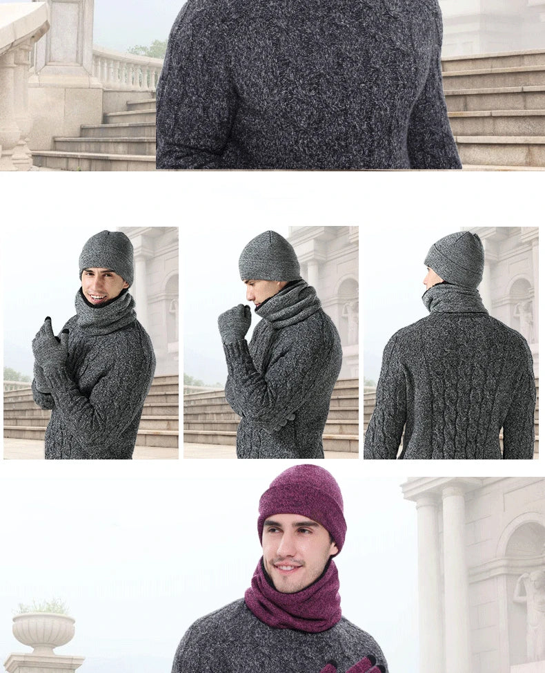 Men's Autumn Winter Keep Warm Set Unisex Beanie Gloves Scarf Male Woolen Yarn Knit Muffler Solid Color Hat Wholesale Drop Ship