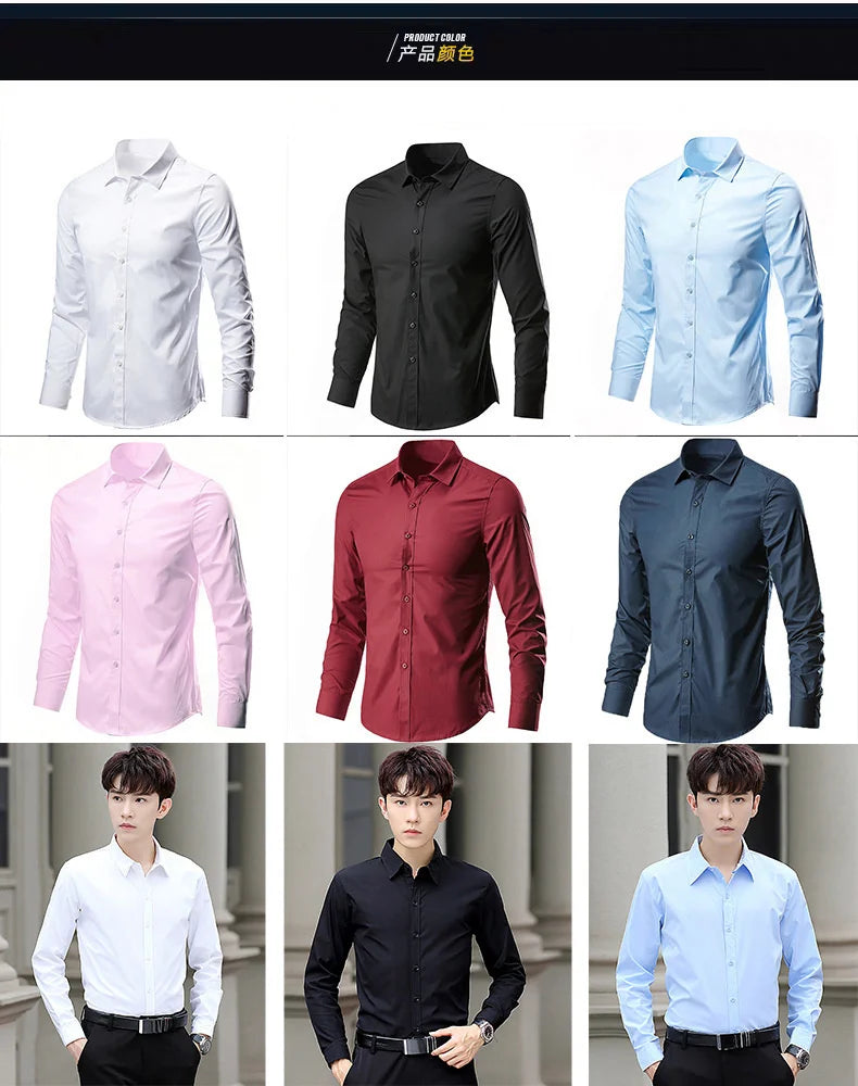 All Season Fashion Men's Business Dress Slim Fit Working Shirt Anti-Wrinkle Solid Long Sleeve Social Formal Shirts For Men